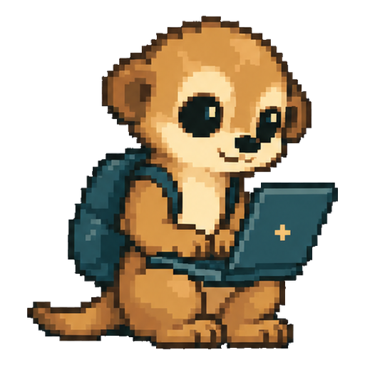 Scout, MeKat’s companion, wearing a teal backpack and holding an open laptop