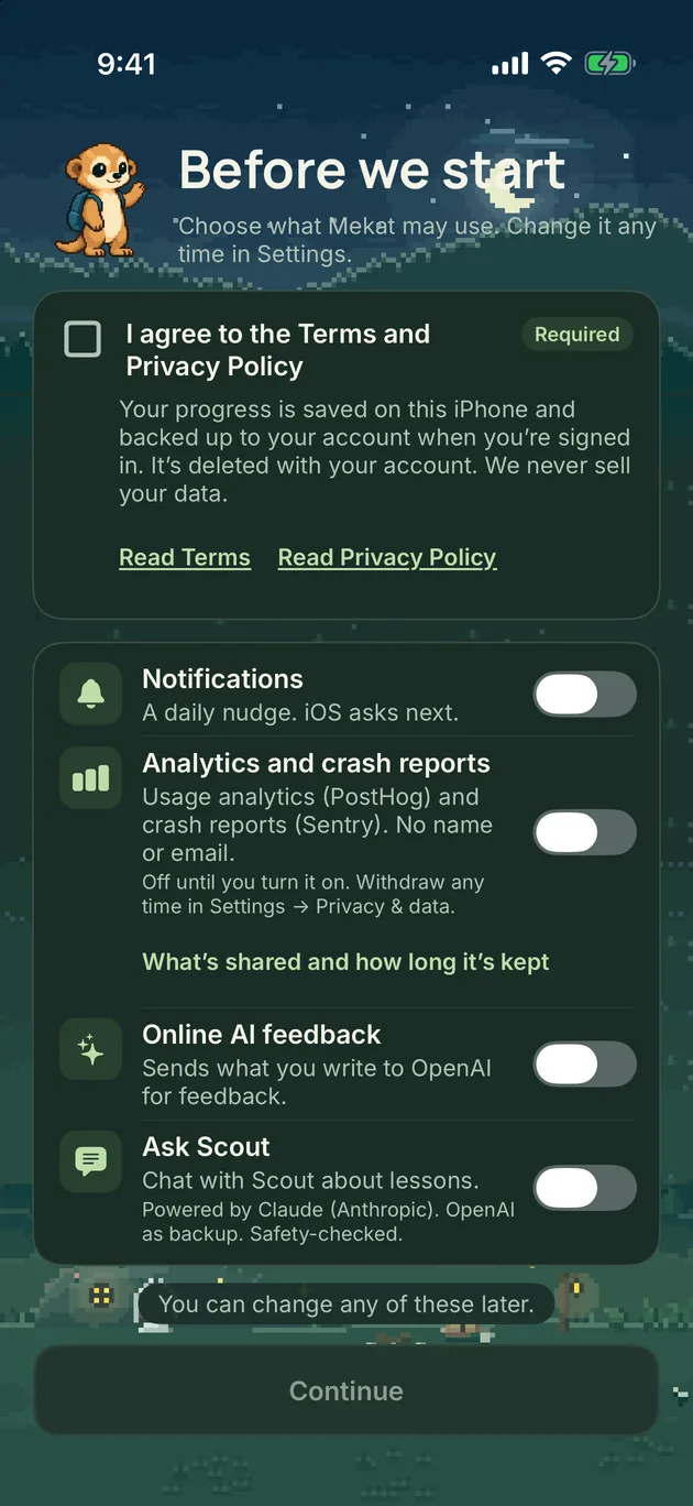 Mekat consent screen in dark mode with every optional choice off by default.