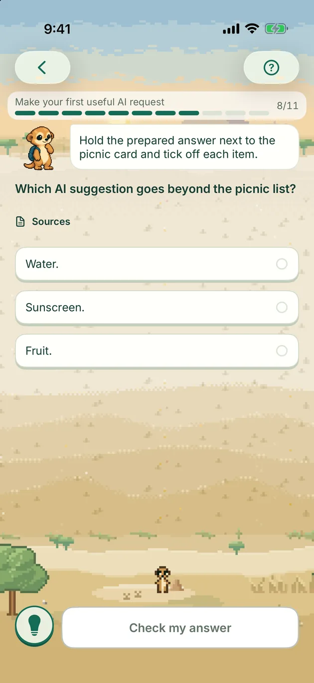 Mekat lesson asking “Which AI suggestion goes beyond the picnic list?” with three answers to check against the source.
